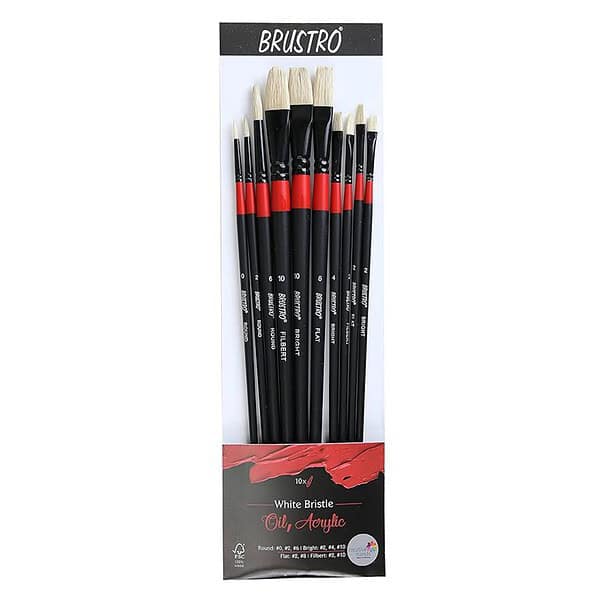 BRUSTRO Artists White Bristle Set of 10 Brushes for Oil and Acrylic - LXINDIA.COM