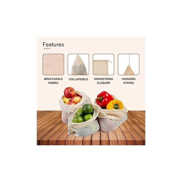 GREENTWISH Cotton Vegetable Bags Fridge Net Bag Eco friendly White Washable Reusable Drawstring Zip Bags Pack of 9 2 - LXINDIA.COM