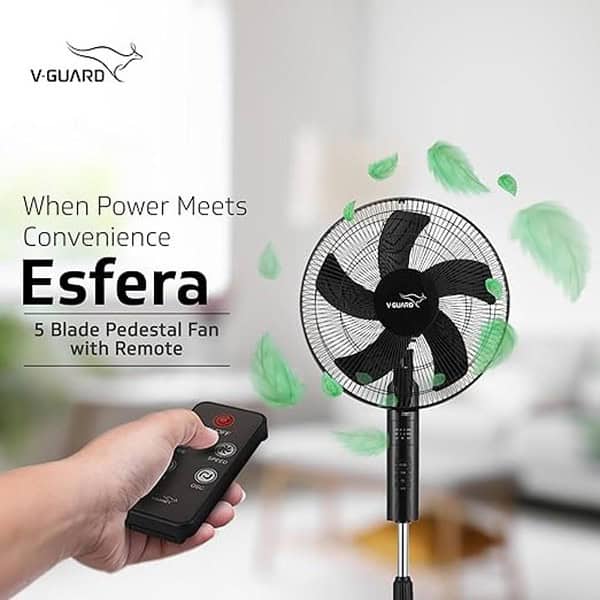 V Gaurd Esfera 5 Blade Pedestal Fan With Remote Control 400mm Black 1 - LXINDIA.COM