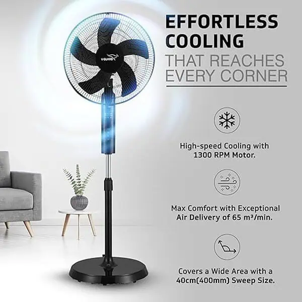 V Gaurd Esfera 5 Blade Pedestal Fan With Remote Control 400mm Black 3 - LXINDIA.COM