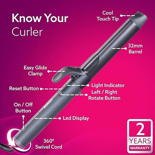 AGARO Prima Rotating Hair Curler 32 mm Ceramic coated barrel Black3 - LXINDIA.COM