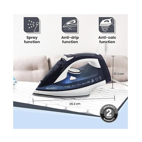 AGARO Royal Steam Iron 2000W Ceramic Coated Sole Plate Cloth Iron Blue B - LXINDIA.COM