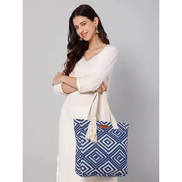 ASTRID Blue Diamond Textured Cotton Tote Bag 1 - LXINDIA.COM