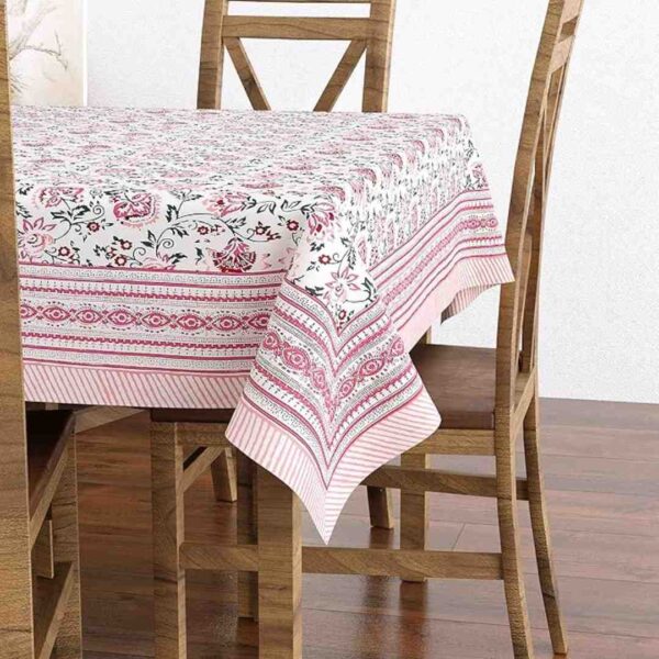 BLOCKS OF INDIA Hand Block Cotton Rectangular Table Cloth 60 Inch X 90 Inch Pink Kalamkari2 - LXINDIA.COM