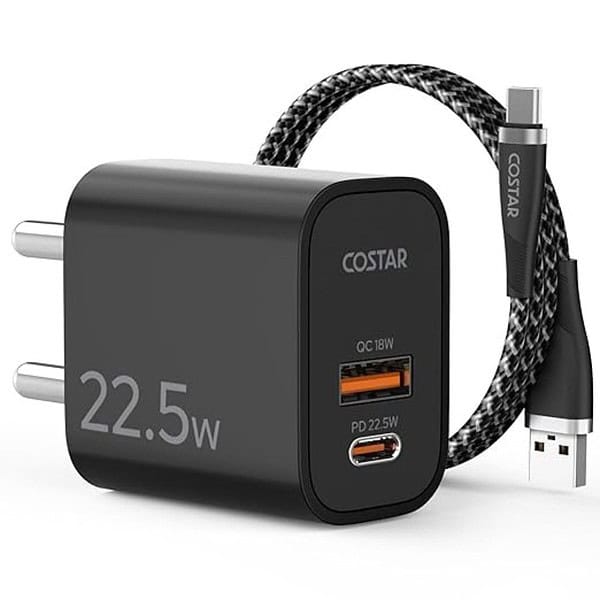 Costar Dual Port Chargeral Port Charger Adapter and USB A to Type C Cable Black - LXINDIA.COM