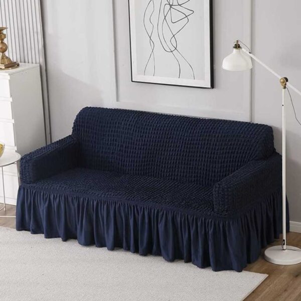 HOKIPO 280 GSM Elastic Stretchable 3 Seater Bubble Frill Sofa Cover Navy Blue - LXINDIA.COM