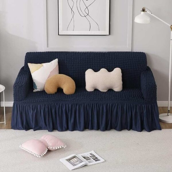 HOKIPO 280 GSM Elastic Stretchable 3 Seater Bubble Frill Sofa Cover Navy Blue 3 - LXINDIA.COM