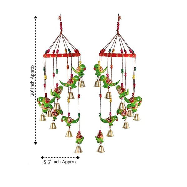 JH Gallery Handcrafted Rajasthani Colored Bell Hangings for Home Decoration Green Parrot 1 - LXINDIA.COM