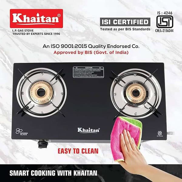 Khaitan 2 Burner Nano Black Toughened Glass LPG Cooktop2 - LXINDIA.COM