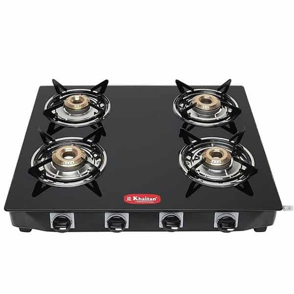 Khaitan 4 Burner Premium Black Toughened Glass LPG Gas Cooktop - LXINDIA.COM