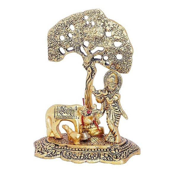 KridayKraft Metal Krishna With Cow Standing Under Tree Plying Flute Gold3 - LXINDIA.COM