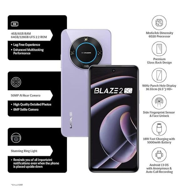 Lava Blaze 2 5G 6GB RAM 128GB Storage Glass Lavender3 - LXINDIA.COM