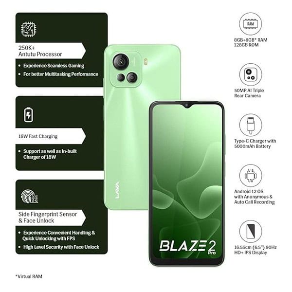 Lava Blaze 2 Pro 8 GB RAM 128GB UFS Storage Cool Green3 - LXINDIA.COM