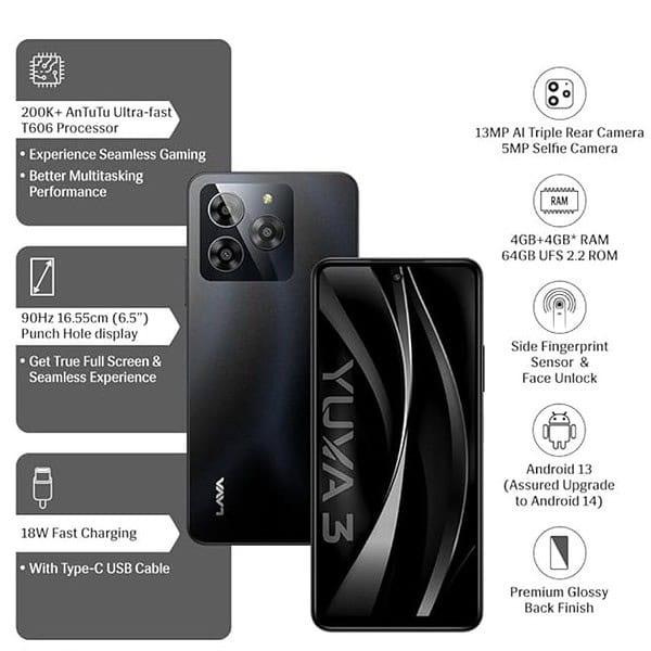 Lava Yuva 3 4GB RAM 64GB Storage Eclipse Black3 - LXINDIA.COM