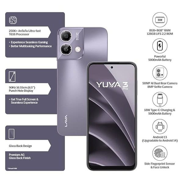 Lava Yuva3 Pro 8GB RAM 128GB Storage Meadow Purple3 - LXINDIA.COM