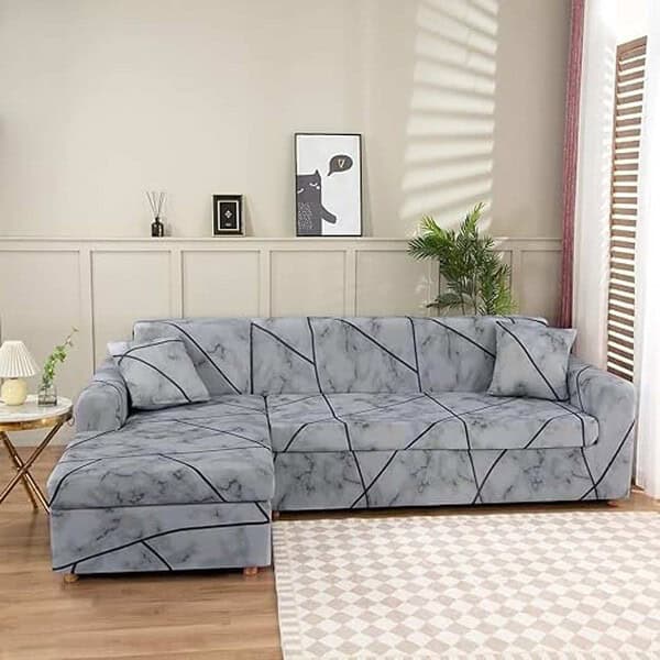 Lukzer L Shaped Sofa Cover for Living Room Furniture Grey Marble - LXINDIA.COM