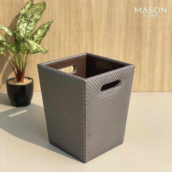 MASON HOME Vegan Leather Mdf Braided Grey Decorative Dustbin 3 - LXINDIA.COM