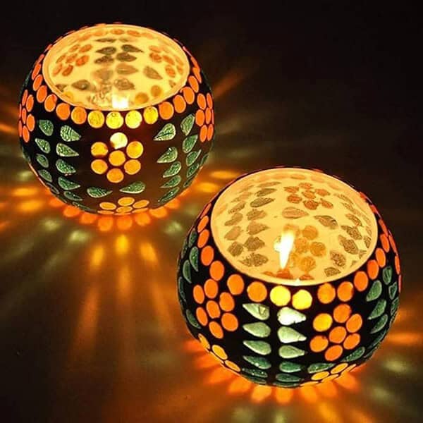 Mahganya Pack of 2 Turkish Mosaic Glass Votive Tealight Candle Holders - LXINDIA.COM