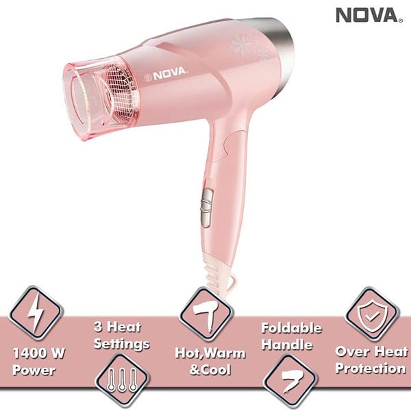 Nova NHP 8202 Premium 1400 Watts Hair Dryer for Women Pink2 - LXINDIA.COM