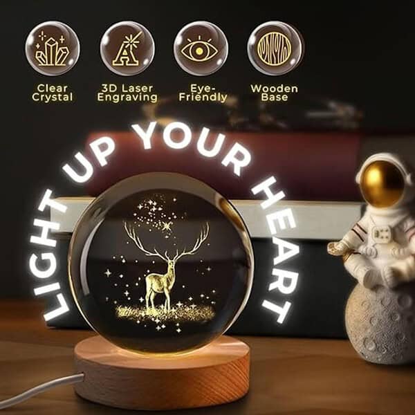 One94Store 3D Deer Crystal Globe Lamp Creative Engraved Crystal Ball Night Light3 - LXINDIA.COM