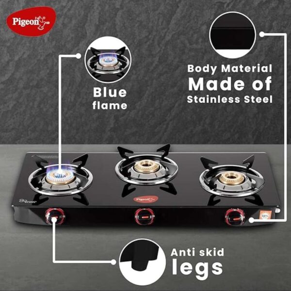 Pigeon 3 Burner Gas Stove with High Powered Brass Burner Gas Cooktop Black2 - LXINDIA.COM