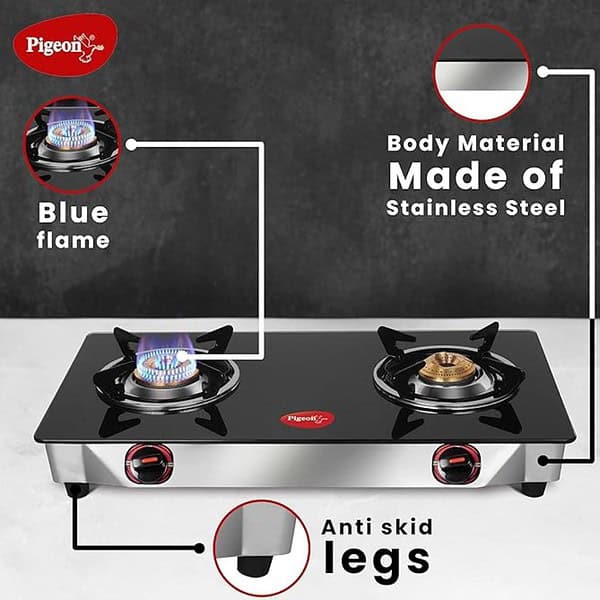 Pigeon by Stovekraft Favourite Glass Top 2 Burner Gas Stove Manual Ignition Black2 - LXINDIA.COM