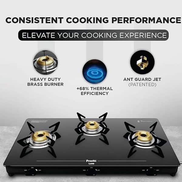 Preethi Luxe 3 Burner Glass Top Gas Stove With Driptray Less Infinity Design1 - LXINDIA.COM