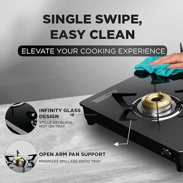 Preethi Luxe 3 Burner Glass Top Gas Stove With Driptray Less Infinity Design3 - LXINDIA.COM