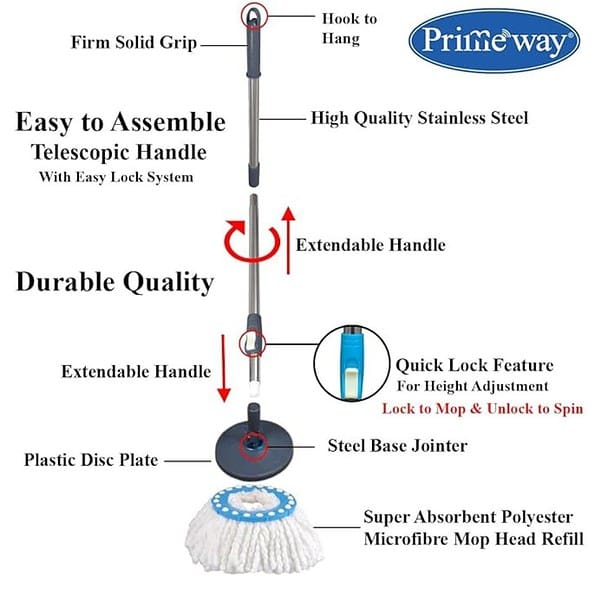 Primeway SS Rotating Spin Mop Handle Rod Plastic Disc and Refill Grey and White2 - LXINDIA.COM