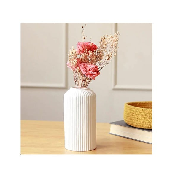 SPHINX Ribbed Pipe Ceramic Flower Vase White - LXINDIA.COM