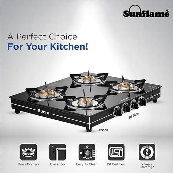 Sunflame Pride 4 Burner Gas Stove 2 Medium and 2 Small Brass Burners1 - LXINDIA.COM