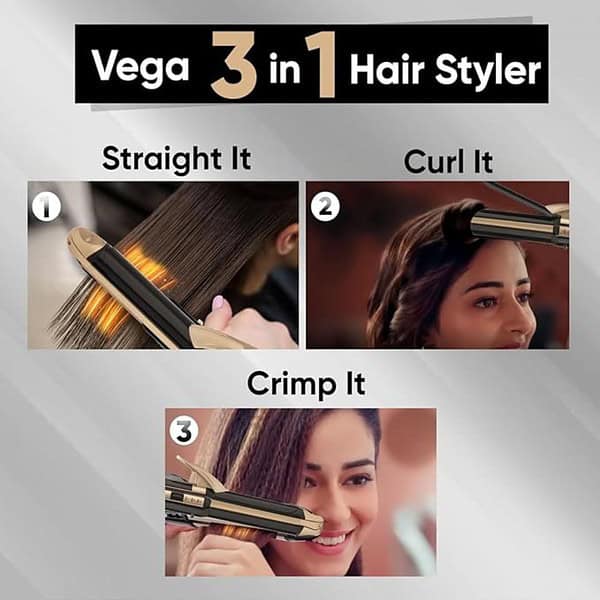 Vega 3 in 1 Hair Styler for Women Straightener Curler and Crimper Gold and Black2 - LXINDIA.COM