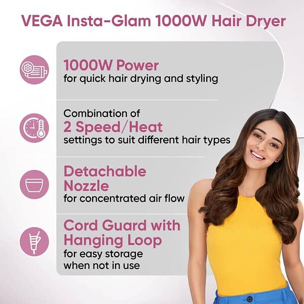 Vega Insta Glam Foldable 1000 Watts Hair Dryer VHDH 203 - LXINDIA.COM