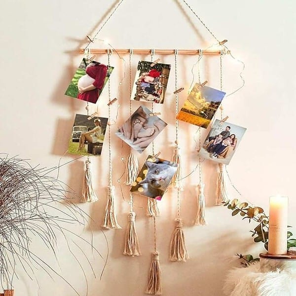 ecofynd Tokyo Macrame Picture Organizer with 20 Wooden Clips Fairy LED String Lights1 - LXINDIA.COM