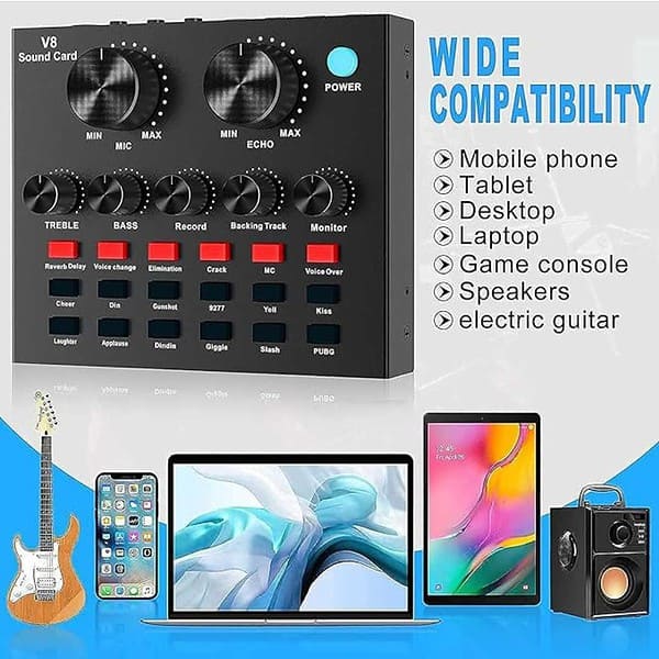 kh V8 Sound Card Sound Effects Board for Podcast Equipment Bundle3 - LXINDIA.COM