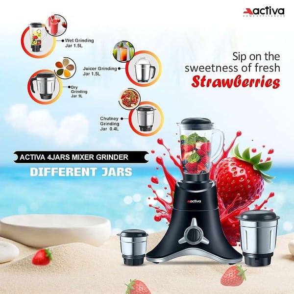 ACTIVA ABS Super Chef 900 Watts Mixer Grinder With 4 Jars Black3 - LXINDIA.COM