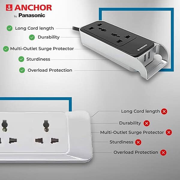 Anchor by Panasonic 6A Extension Board with Handle Black and Silver 240 volts 2 - LXINDIA.COM