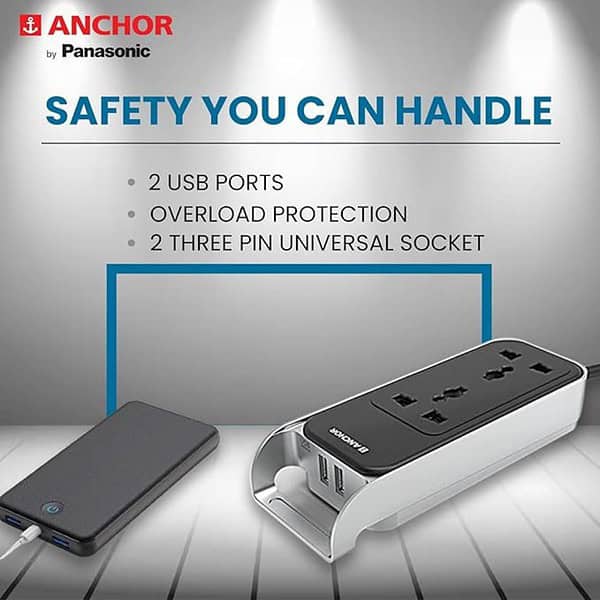 Anchor by Panasonic 6A Extension Board with Handle Black and Silver 240 volts 3 - LXINDIA.COM