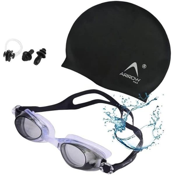 ArrowMax Swimming Kit Silicone Cap Swimming Goggle Earplugs Noseplug Black - LXINDIA.COM