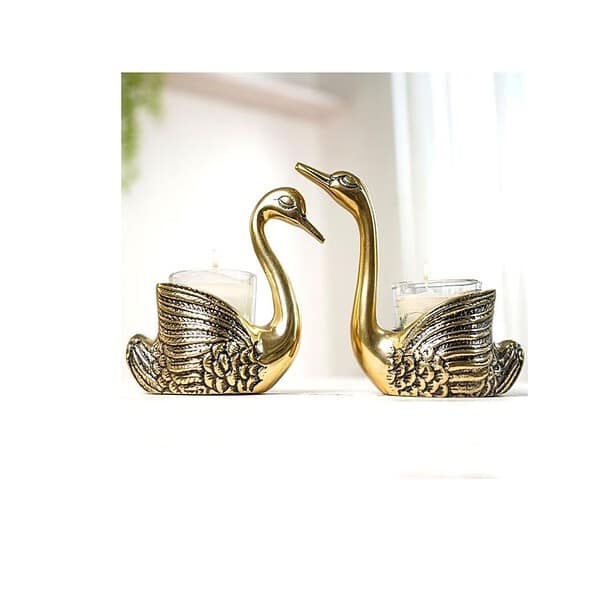 BEHOMA Metal Pair of Swans for Good Luck and Love with Candle Holder Gold - LXINDIA.COM