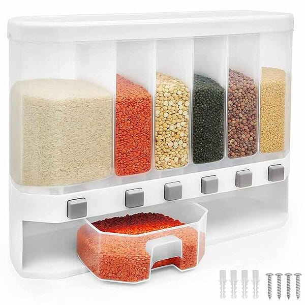 BIG CART Cereal Dispenser 6 Compartment Wall Mount Dispenser White 1 - LXINDIA.COM