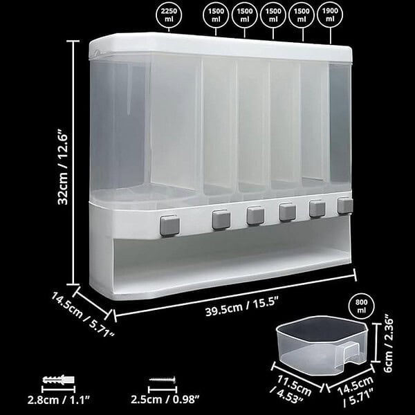 BIG CART Cereal Dispenser 6 Compartment Wall Mount Dispenser White 3 - LXINDIA.COM