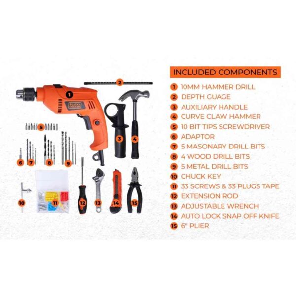 BLACK DECKER HD555KMPR B1 550Watt Hammer Drill and Hand Tools Kit2 - LXINDIA.COM