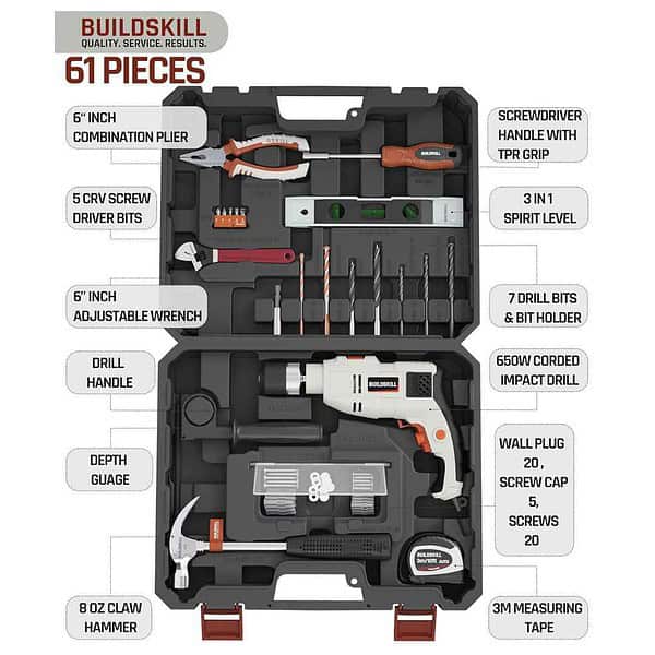 BUILDSKILL 61 Pcs Tool Kit with Drill Machine 650W1 - LXINDIA.COM