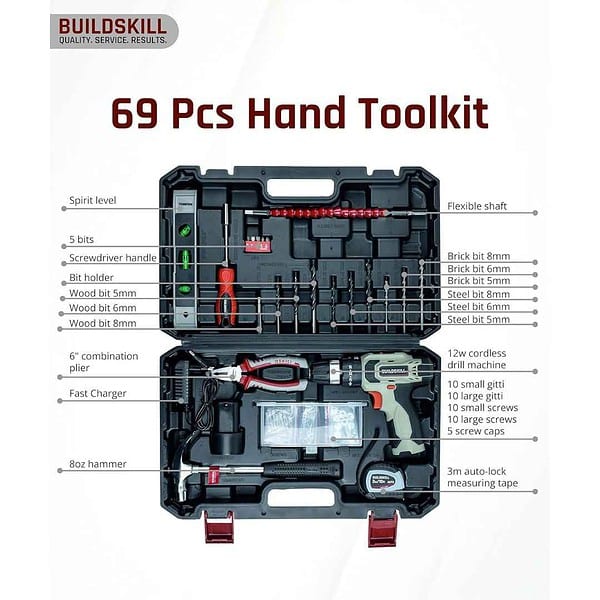 BUILDSKILL 69 Pcs 12V Cordless Drill Machine Tool Kit2 - LXINDIA.COM