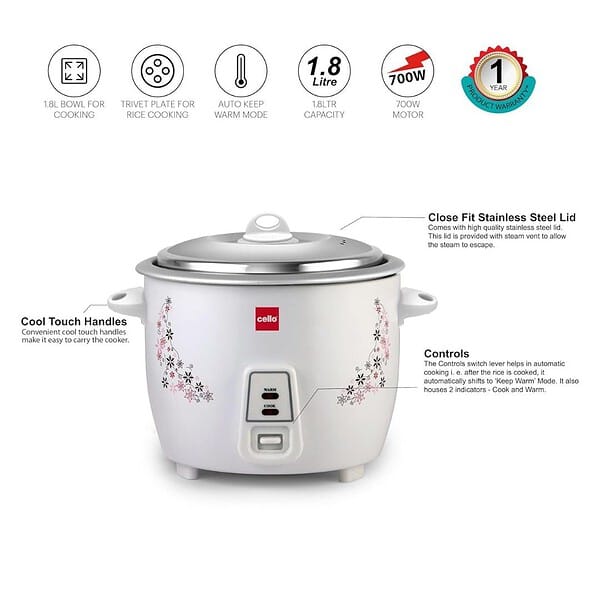 Cello Iris Rice Cooker 1.8 Liter Electric Rice Cooker 700 Watt3 - LXINDIA.COM