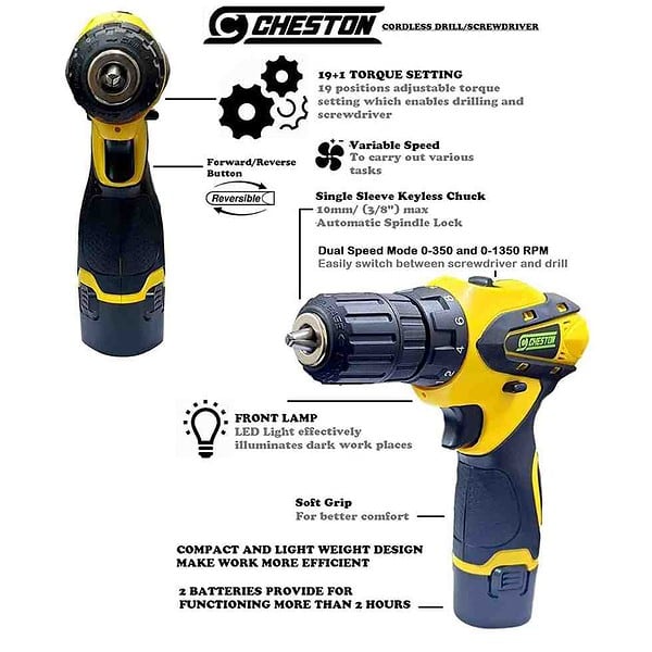 Cheston 12V Cordless Drill Machine Screwdriver Kit2 - LXINDIA.COM