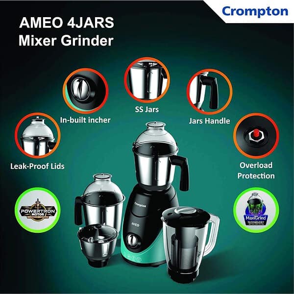 Crompton Ameo 750 Watt Mixer Grinder Black Green AMEO 4JARS1 - LXINDIA.COM