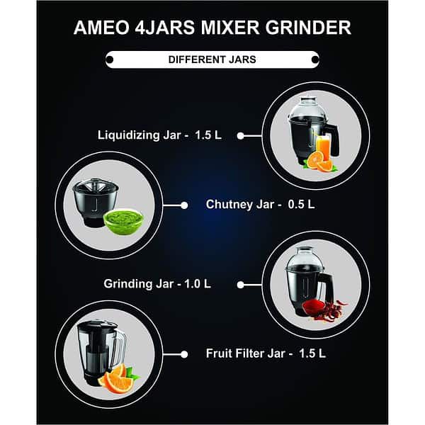 Crompton Ameo 750 Watt Mixer Grinder Black Green AMEO 4JARS2 - LXINDIA.COM