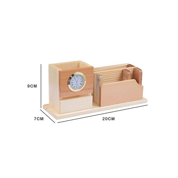 Deskart Wooden Pen Holder visting card and mobile stand With Clock Beige A - LXINDIA.COM